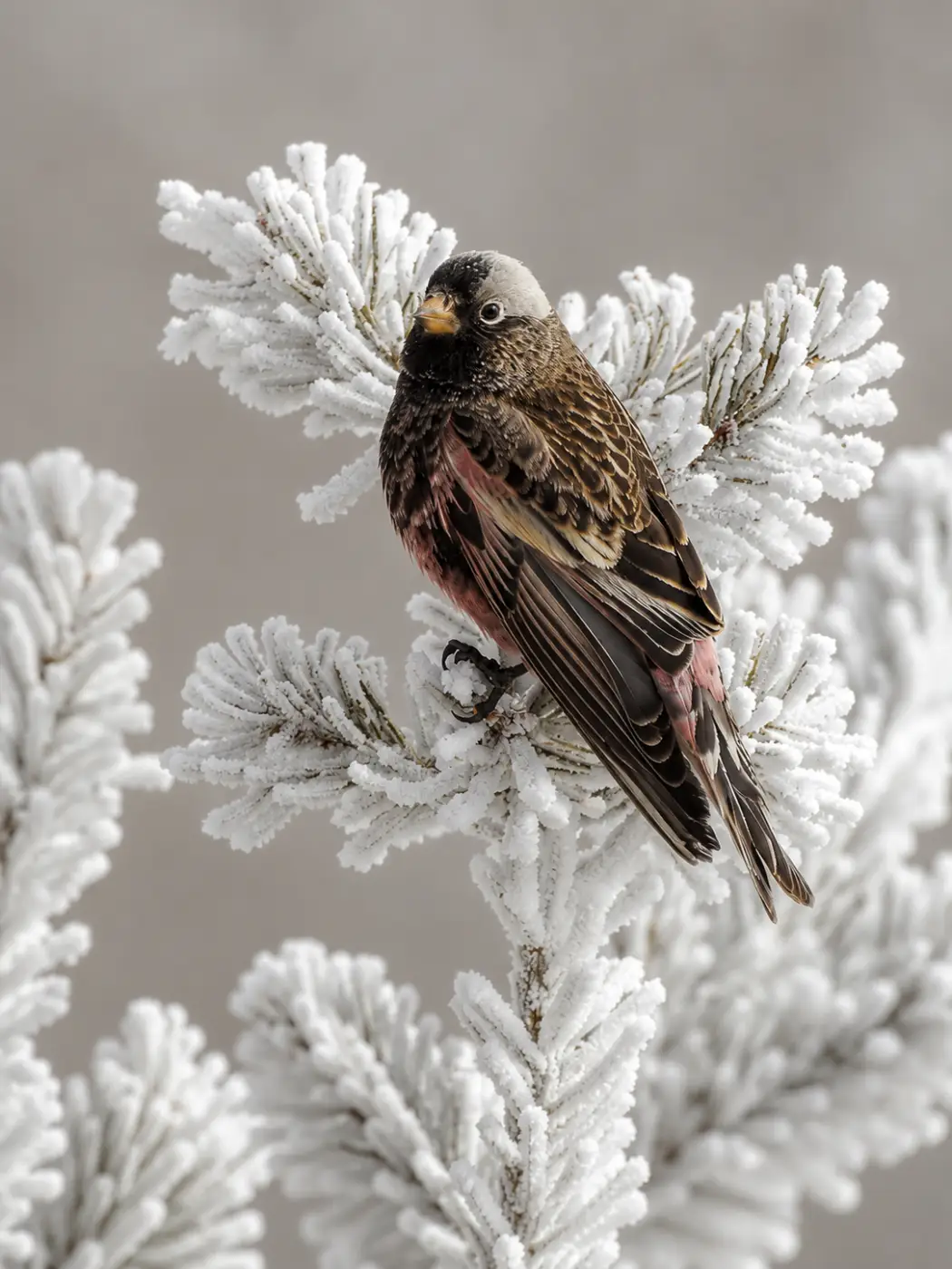 Black Rosy-Finch perched on alpine terrain