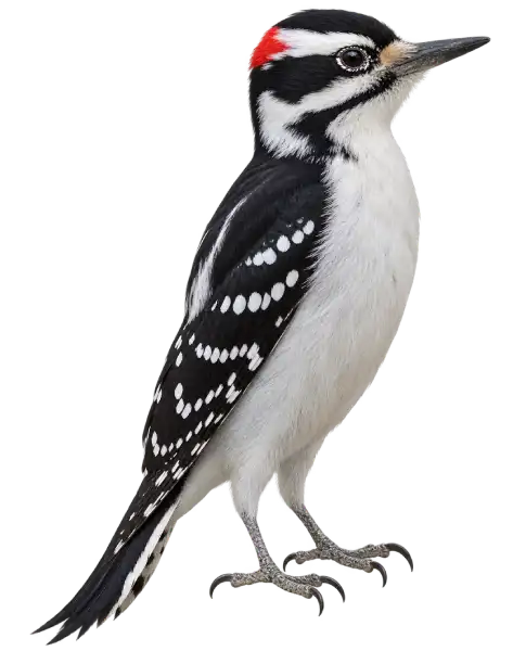 Hairy Woodpecker clinging to a tree trunk, featuring distinct black and white plumage and a long, sturdy bill