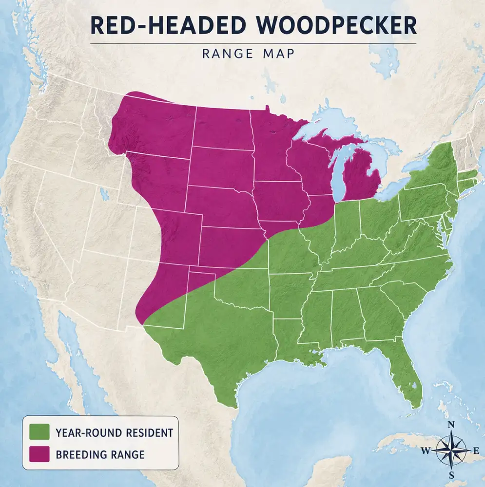 Map showing the breeding and year round distribution of the Red-headed Woodpecker in North America