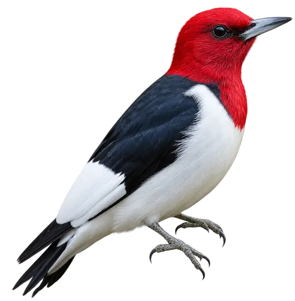 Red-headed Woodpecker featuring a striking solid crimson head and bold black and white body