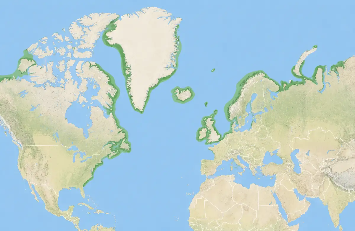 Two-zone distribution map of Black Guillemots focusing on the North Atlantic and Arctic