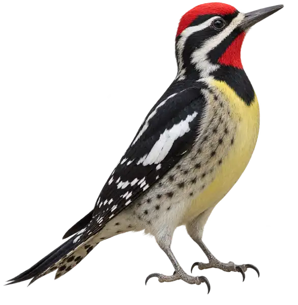 Yellow-bellied Sapsucker illustration featuring mottled black and white plumage with a red crown and yellowish belly