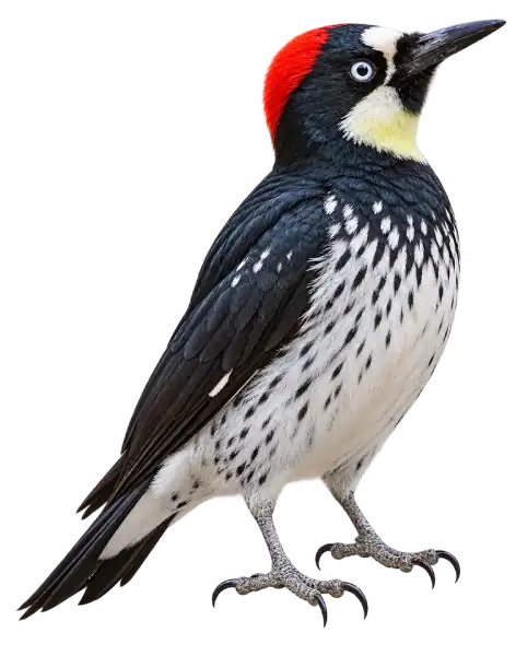 Acorn Woodpecker featuring black and white plumage, a red cap, and a distinct clown-like facial pattern